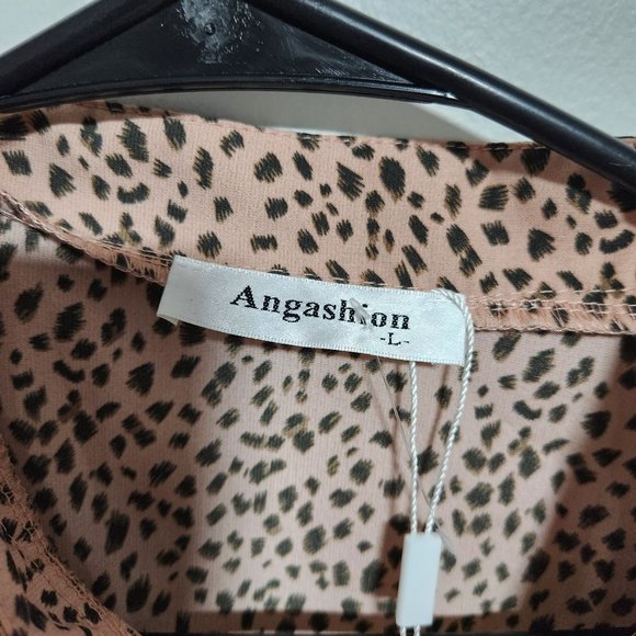 Angashion Button Front Shirt Womens Large Cheetah Print Pink Ruffle Long Sleeve - Picture 3 of 5